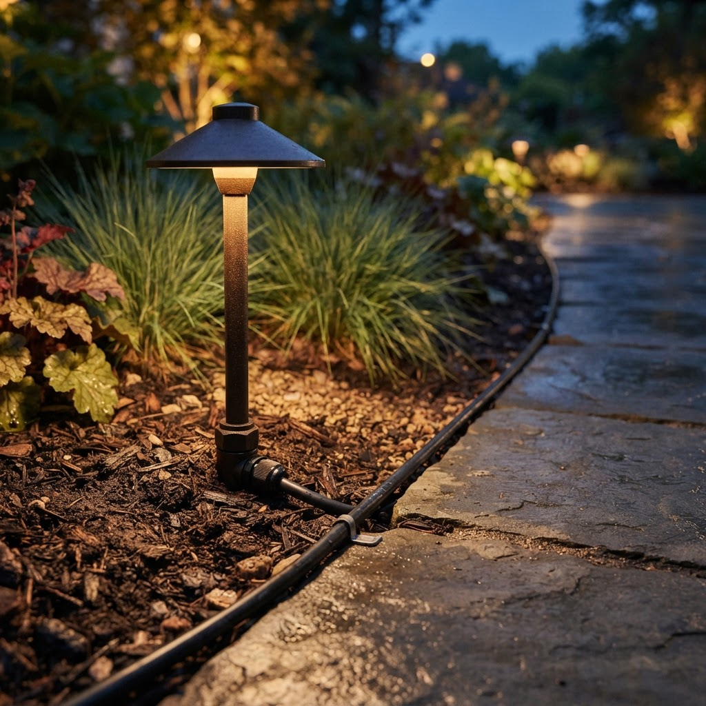 Detail of a low-voltage landscape lighting fixture and neatly routed cabling being installed