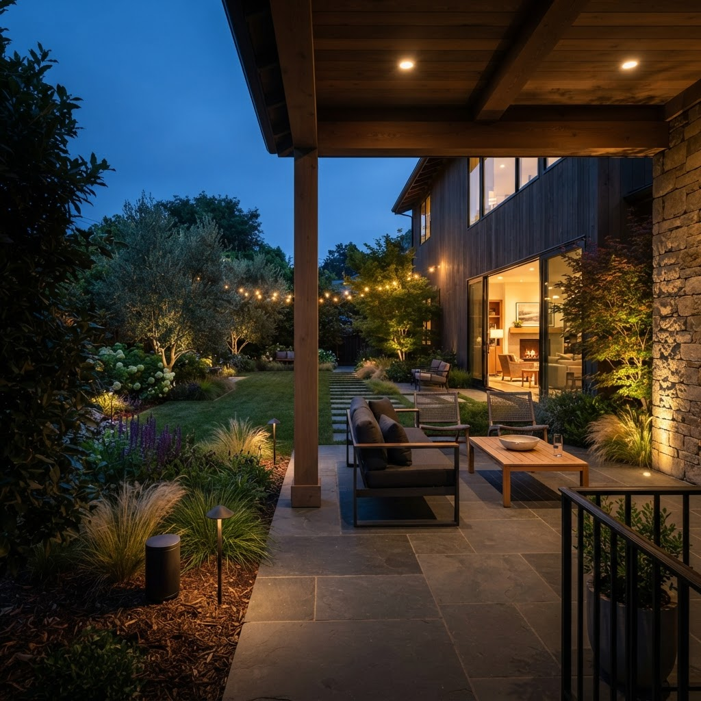 Outdoor living space at dusk with architectural lighting and concealed landscape audio