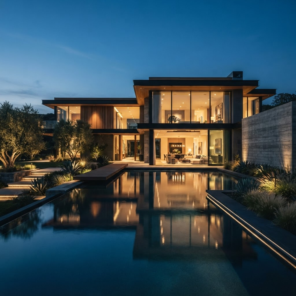 Luxury new-construction commercial building at dusk with integrated architectural lighting in Dallas-Fort Worth