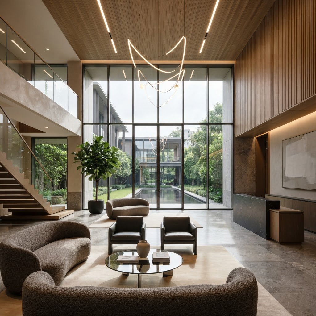 Luxury commercial interior with double-height architecture and integrated technology systems