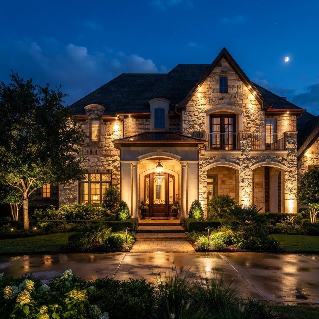 Architectural landscape lighting washing the stone and brick facade of an elegant Dallas luxury home entry