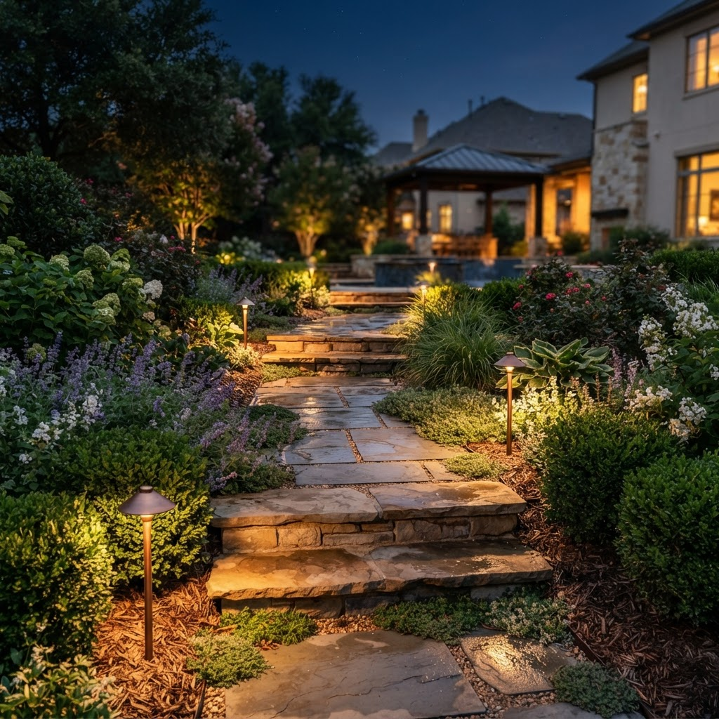 Low-voltage path lights illuminating stone steps and manicured garden plantings in a Dallas-Fort Worth backyard