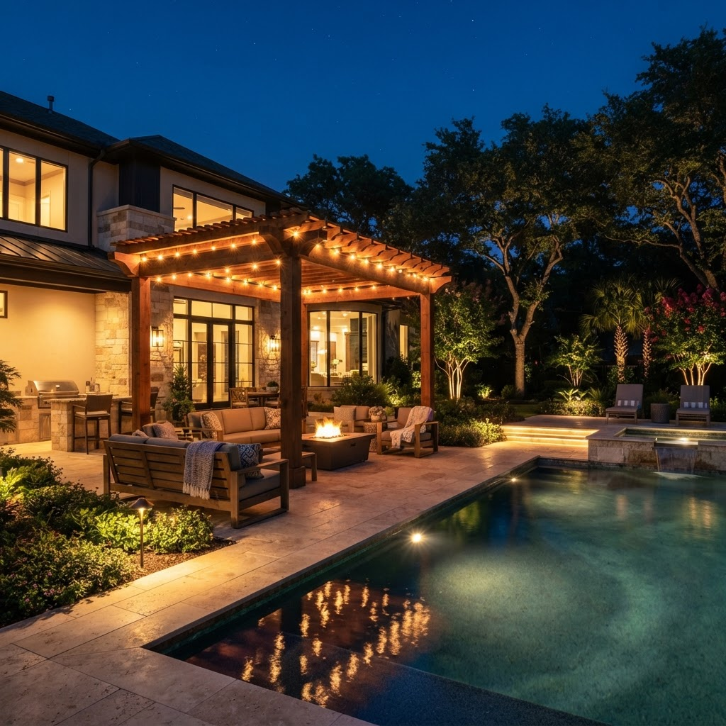 Luxury outdoor living patio with illuminated pergola, glowing garden beds and uplit trees at a Dallas home