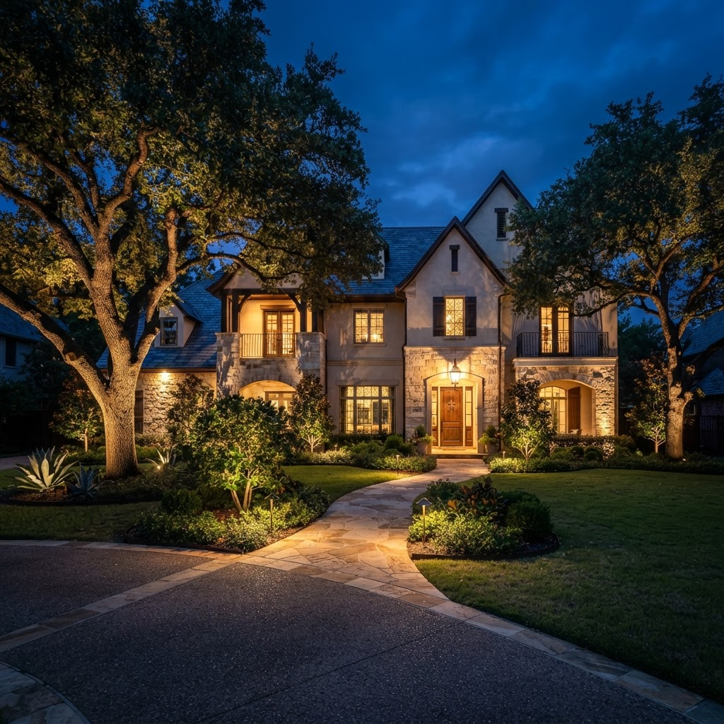 Warm uplighting on large mature oak trees and a stone walkway at a luxury Dallas-Fort Worth home at night