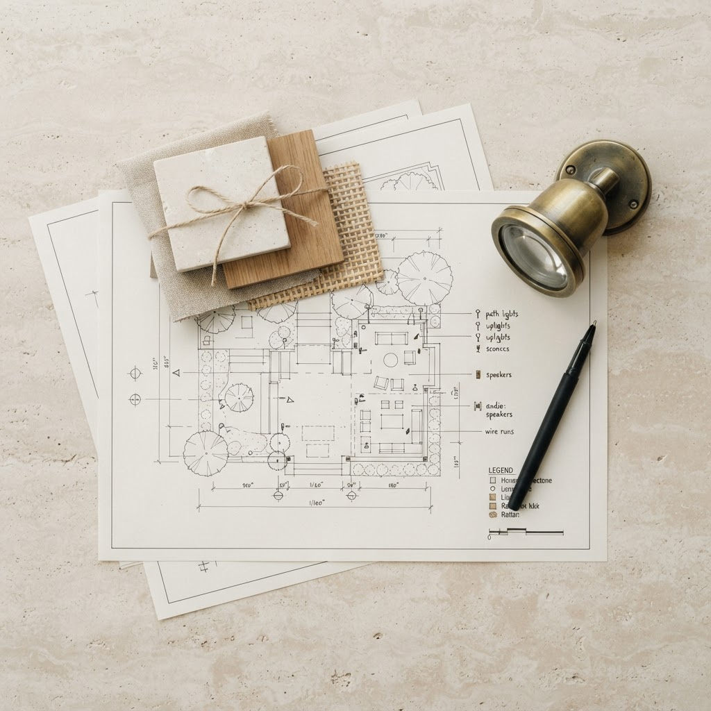 Lighting and audio layout drawings with warm material swatches for a luxury outdoor design