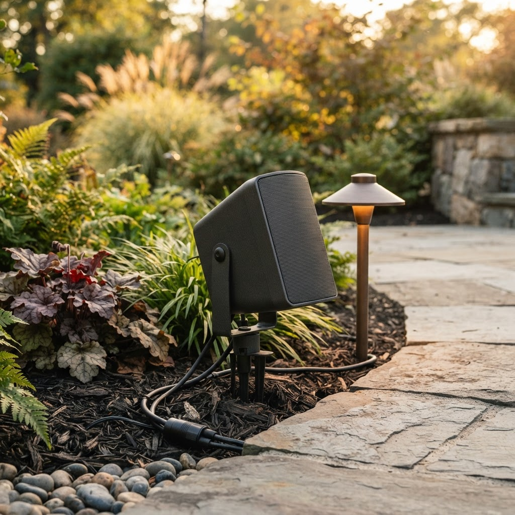 Clean professional installation of a discreet landscape speaker and low-voltage lighting