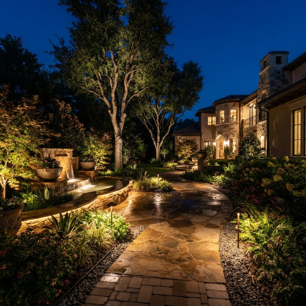Professional landscape lighting illuminating trees, pathways and garden beds at a luxury Dallas property