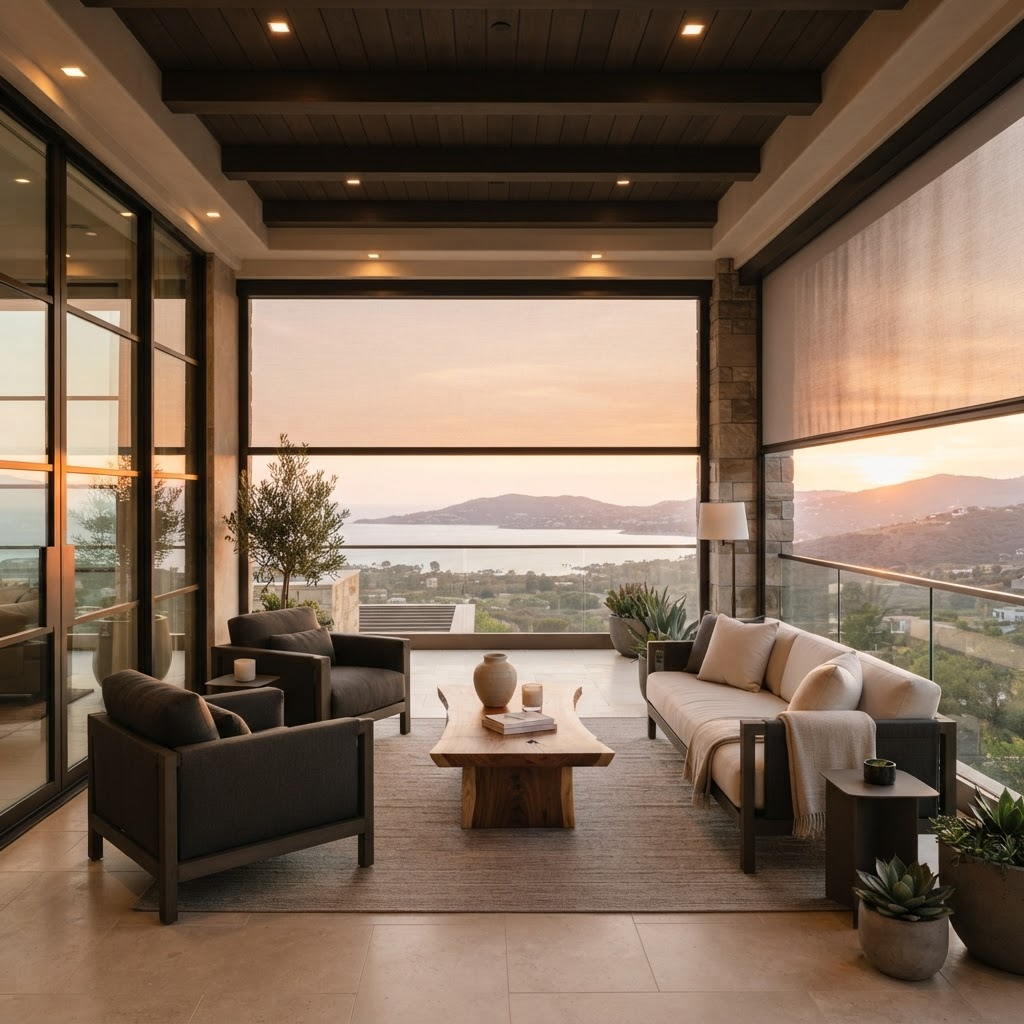 Motorized roller shades on a luxury covered terrace providing sun control and privacy