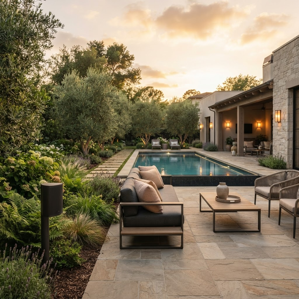 Discreet premium landscape speaker blended into luxury backyard landscaping at golden hour