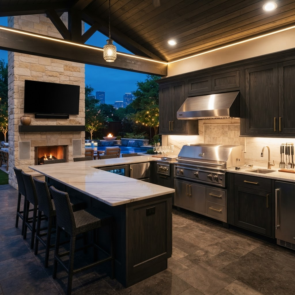 Luxury outdoor kitchen at dusk with stone countertops, grill, task lighting and integrated technology in Dallas