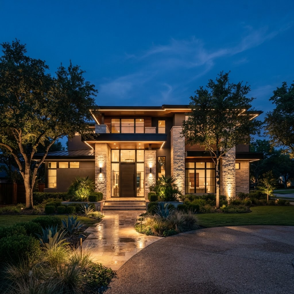 Luxury home exterior at dusk with elegant architectural outdoor lighting in Dallas-Fort Worth