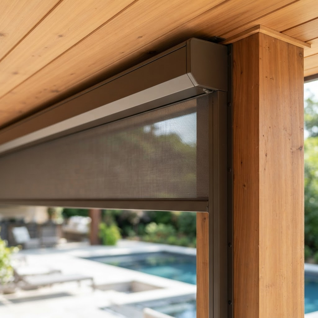 Clean, professional motorized roller shade installation showing a discreet aluminum head box on a luxury patio