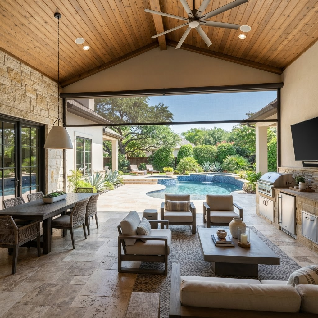 Finished luxury patio in daytime with retracted motorized shades framing an open outdoor living space