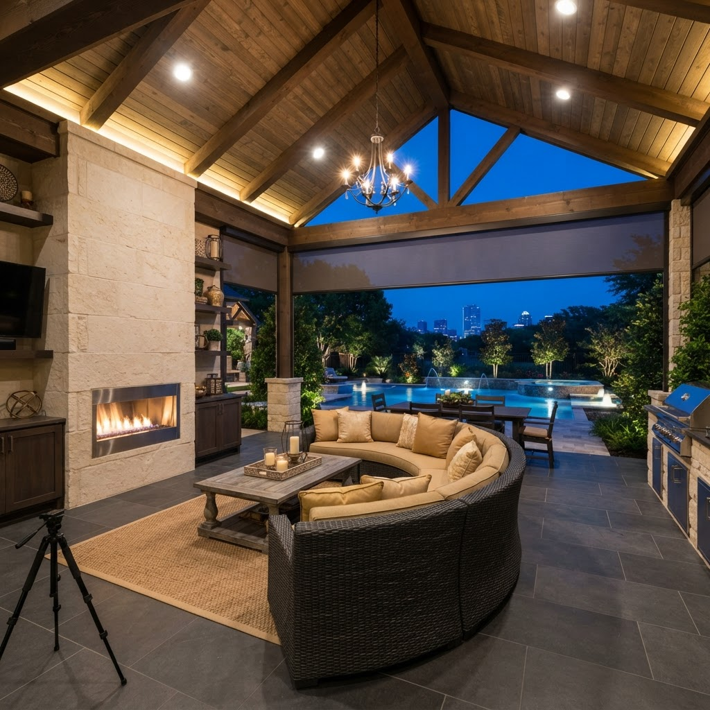 Luxury covered patio at dusk with motorized outdoor shades lowered around an outdoor living room in Dallas–Fort Worth