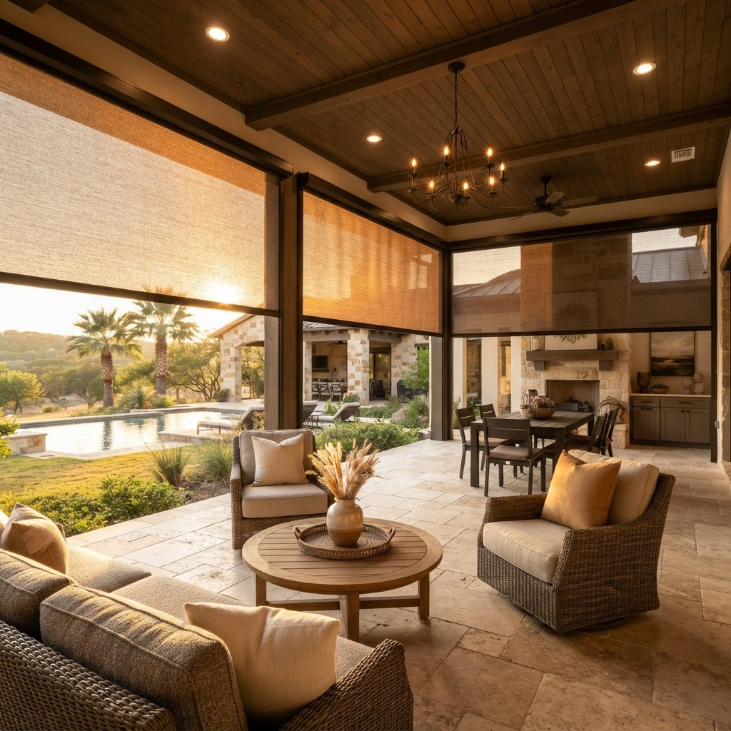 Motorized outdoor shades lowered across a patio to provide sun protection and privacy at a luxury Dallas home